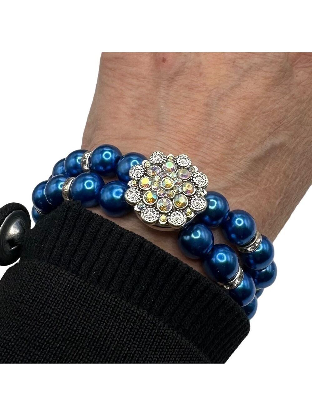 Blue Pearls Snap Jewelry Bracelet & Iridescent Victorian 18mm Snap Button! NWT